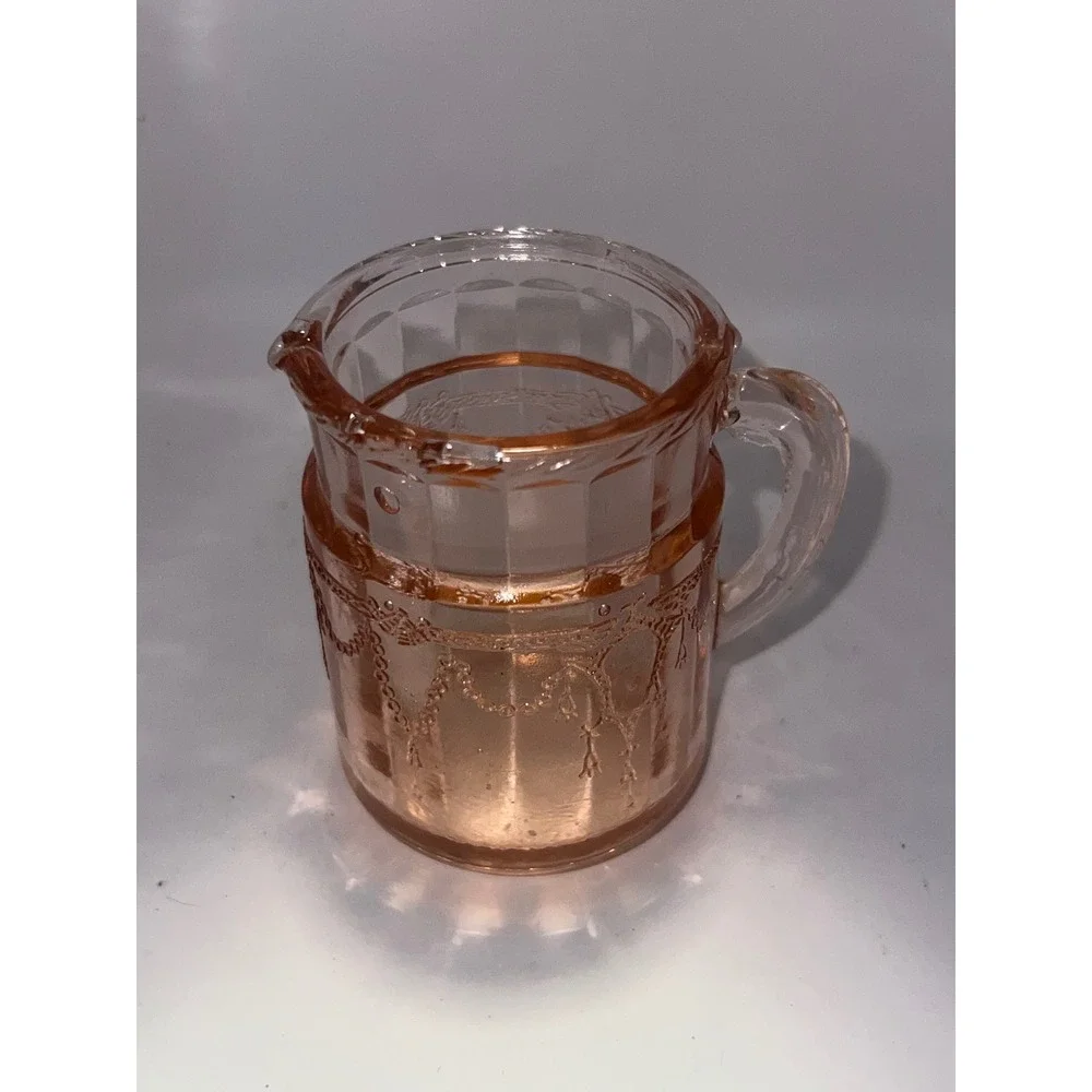 Vintage Pink Depression Glass Pitcher and 2 Glasses Set Etched Swag Tassel Motif